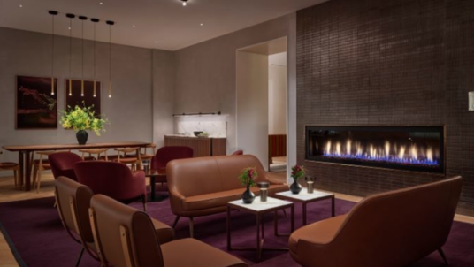 Hotel AKA lounge area providing networking space for healthcare, patient recruitment, clinical trial, and life sciences professionals
